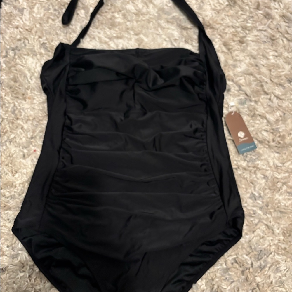 Black Strapless Bandeau One Piece Swimsuit with Textured Design